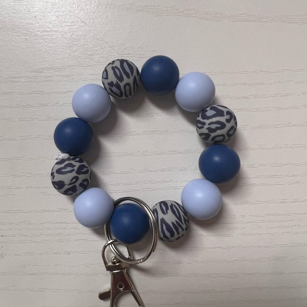 Blue and Gray Beaded Keychain Bracelet